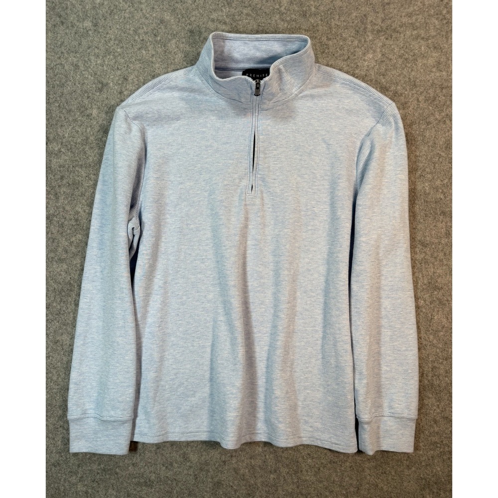 Premise Mens Quarter Zip‎ Pullover Light Blue White Micro Stripe Mock Neck Large
